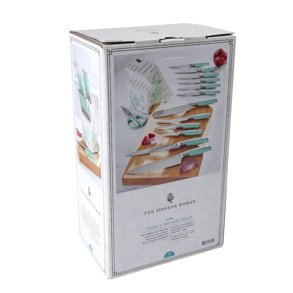 Homesteada™ 14 Pieces Knife Set with Decal Block Stainless Steel Knives, Forged, Green Agatha