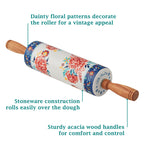 Homesteada™ Keepsake Floral 17.7" Ceramic Rolling Pin with Acacia Wood Holder