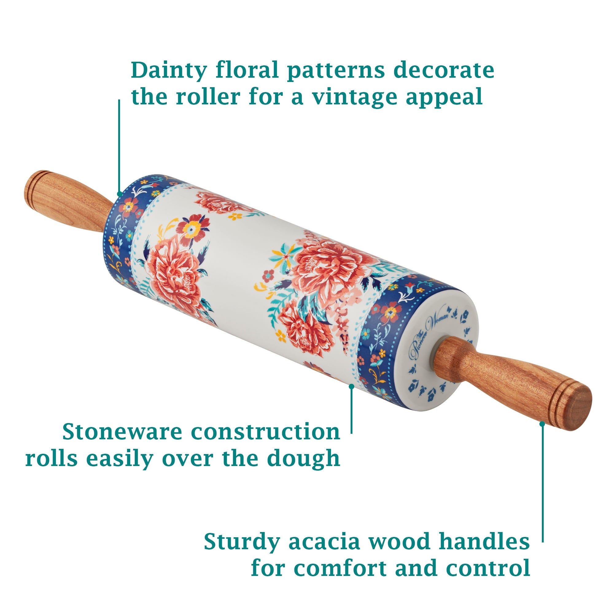Homesteada™ Keepsake Floral 17.7" Ceramic Rolling Pin with Acacia Wood Holder