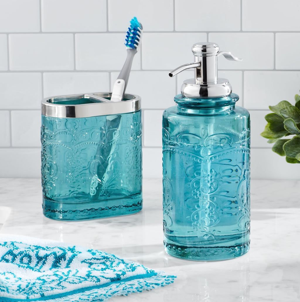 Homesteada™ Teal 2 Piece Embossed Glass Bath Accessory Set, Homesteada™ Amelia