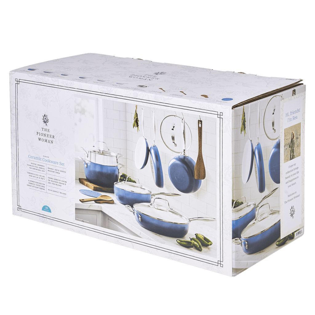 Homesteada™ Harlow 15-Piece Cookware Set, Ceramic Non-Stick Pots and Pans Set, Denim Blue