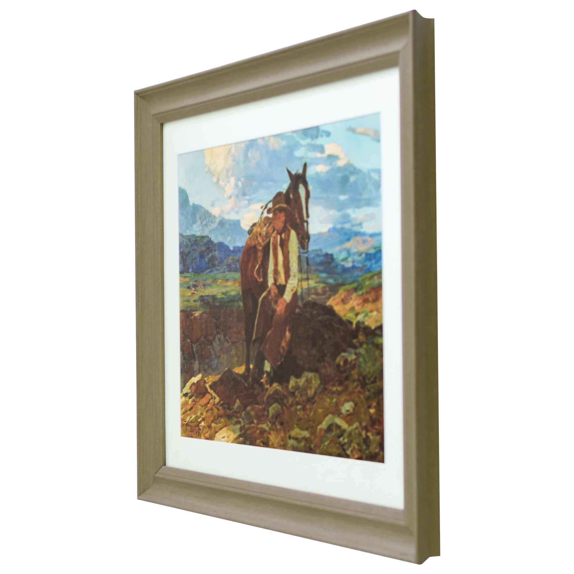 Homesteada™ Frank Tenney Johnson "An Idle Dreamer" Framed Western Wall Art Print, Cowboy and Horse Landscape Artwork, Matted Rustic Ranch Decor, Ready to Hang Framed Art for Living Room