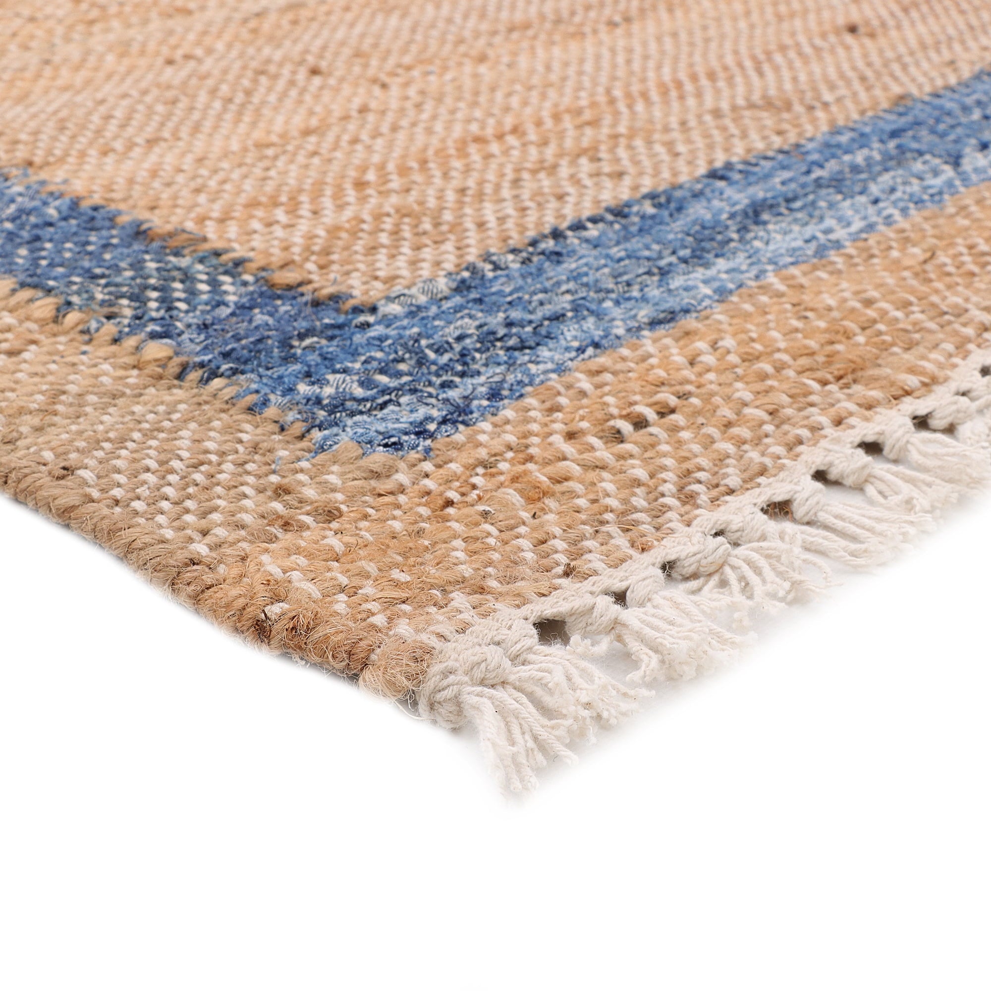 Homesteada™ Denim Jute Runner Rug, Natural with Blue Border, 30 x 96 Inches