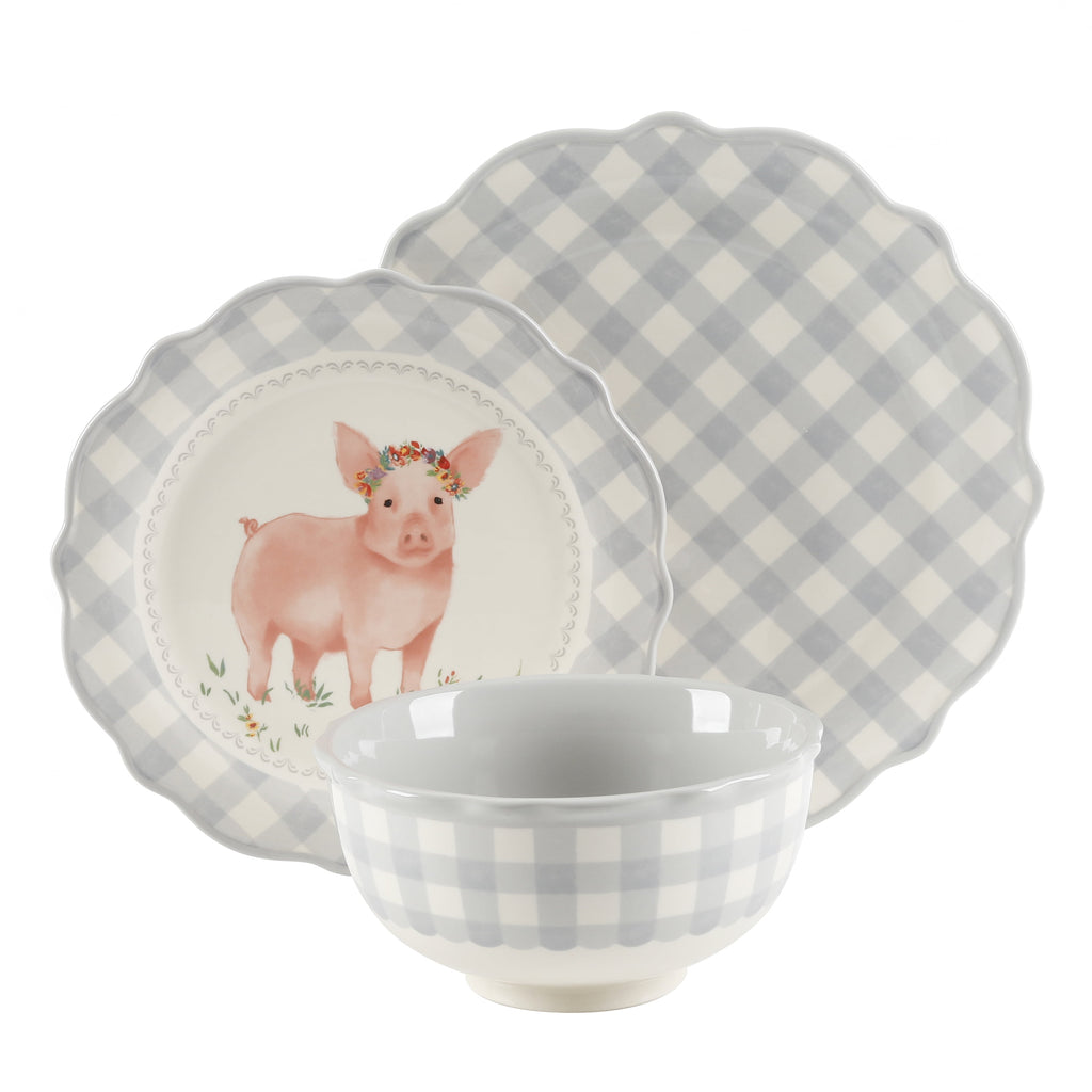 Homesteada™ Gingham 12-Piece Ceramic Dinnerware Set, Gray