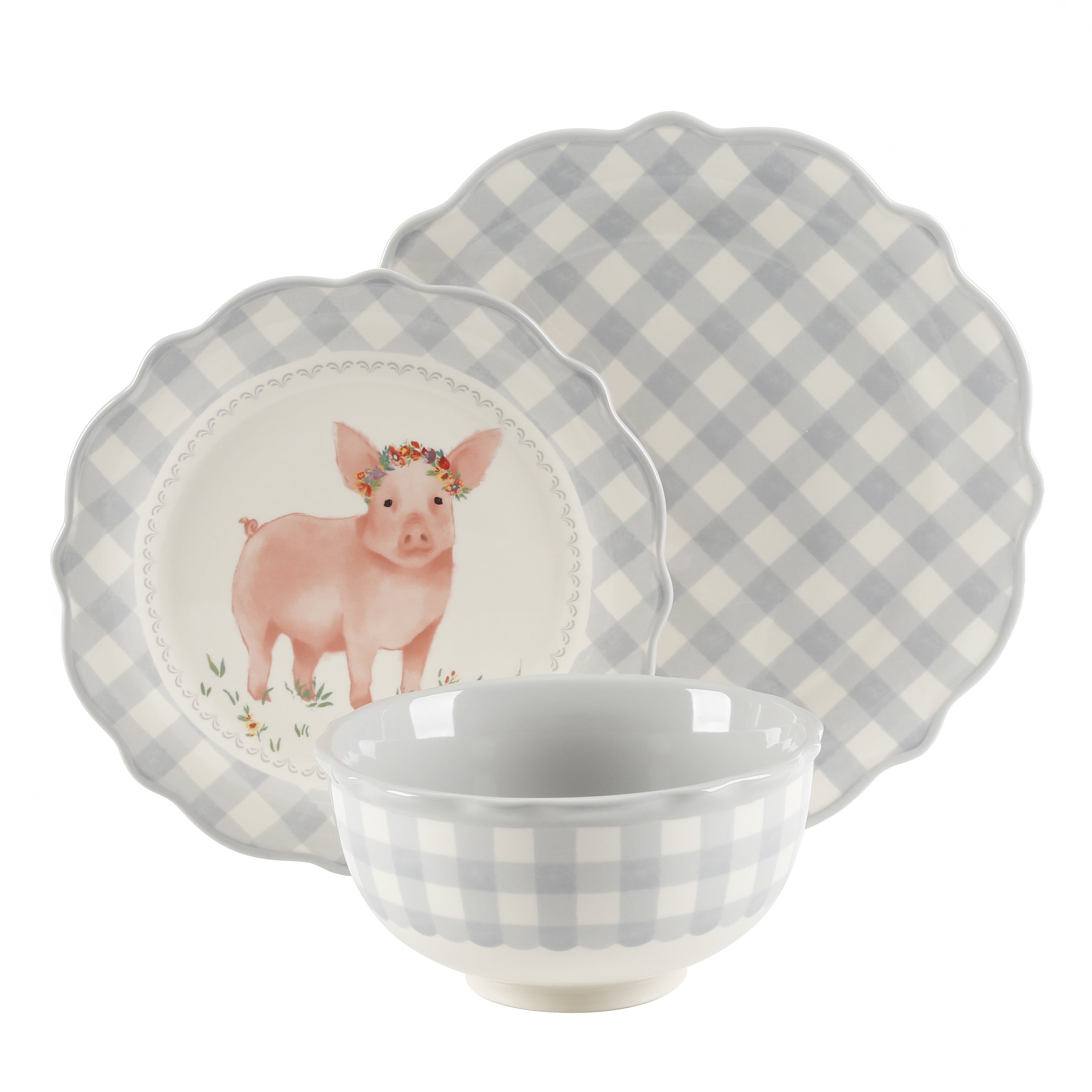 Homesteada™ Gingham 12-Piece Ceramic Dinnerware Set, Gray
