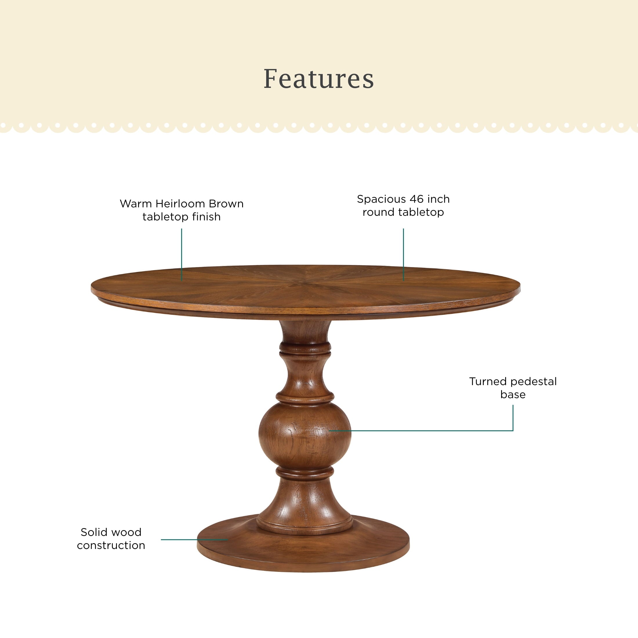 Homesteada™ Callie Round Dining Table, Heirloom Brown Finish