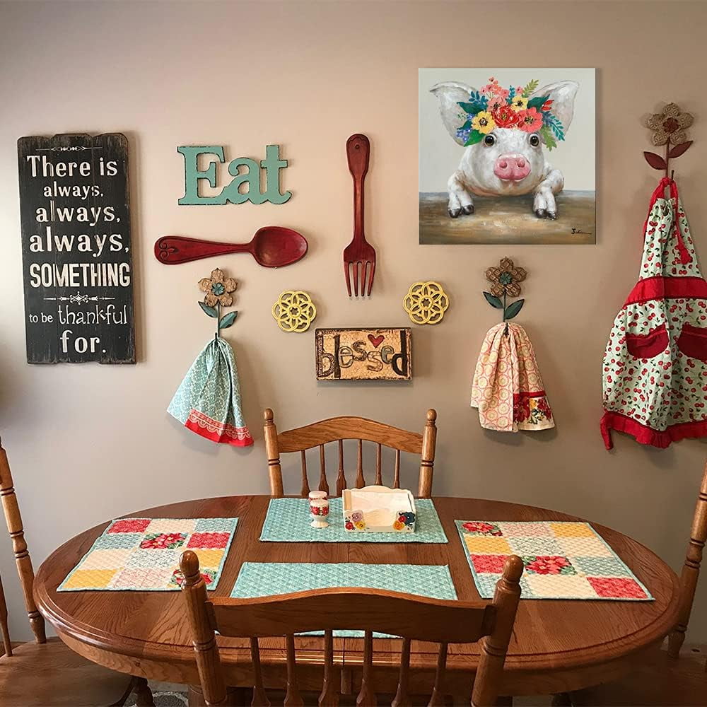 Homesteada™ CDDposter Pig Canvas Picture Wall Art: Rustic Pig Floral Crown Wall Decor Farm Animal Wall Art Homesteada™ Kitchen Farmhouse Home Decorations